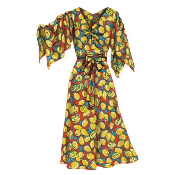J. Peterman Lemon Print Dress 100% Silk Handkerchief Sleeve V Neck Dress Size 6 - Picture 1 of 7
